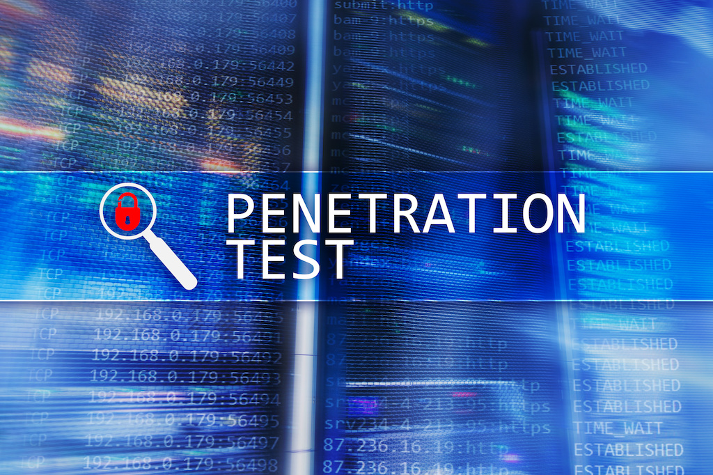 Penetration test. Cybersecurity and data protection. Hacker attack prevention. Futuristic  server room on background.